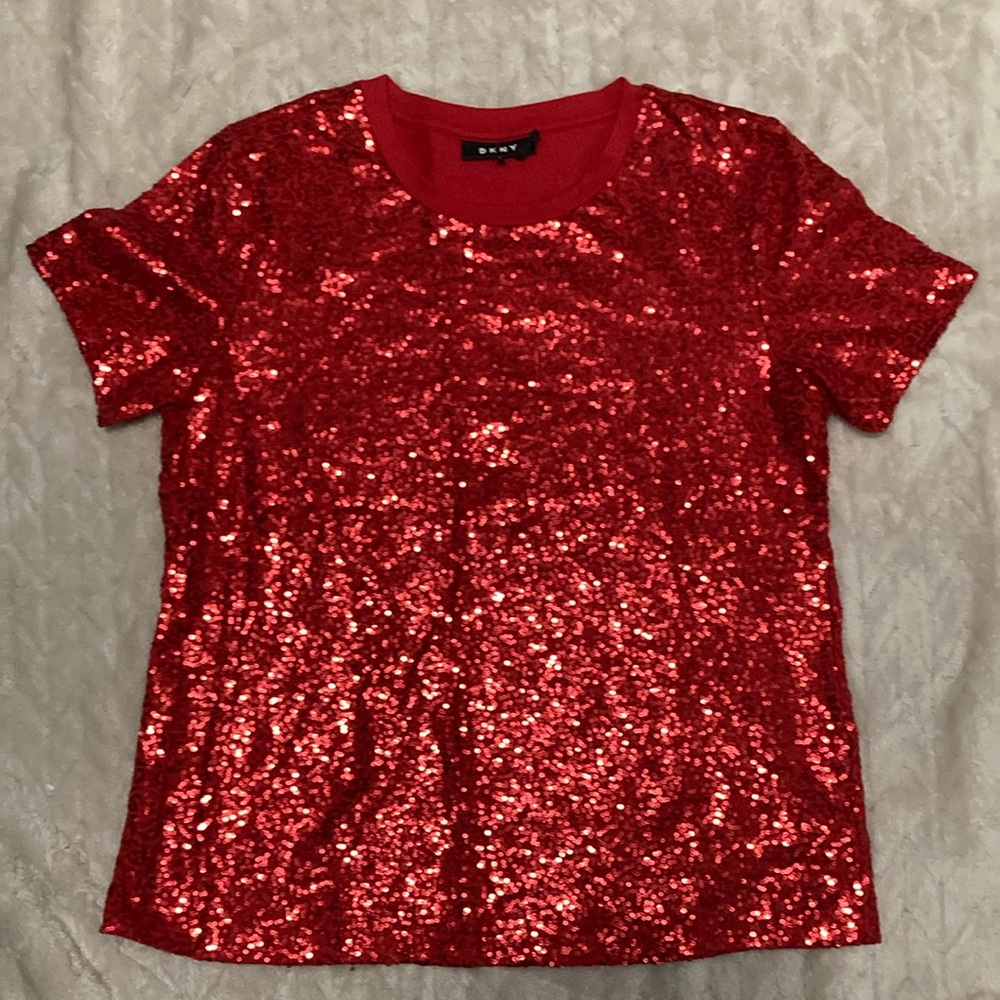 DKNY Red Sequin T-Shirt Large